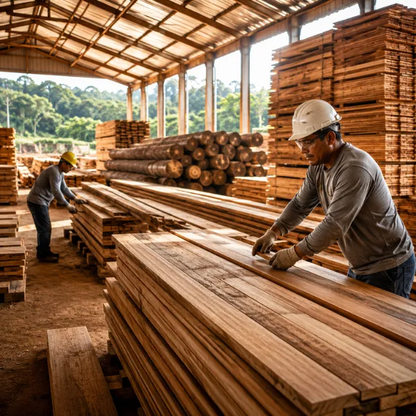Operação de beneficiamento de madeira em madeireira com peças organizadas para produção