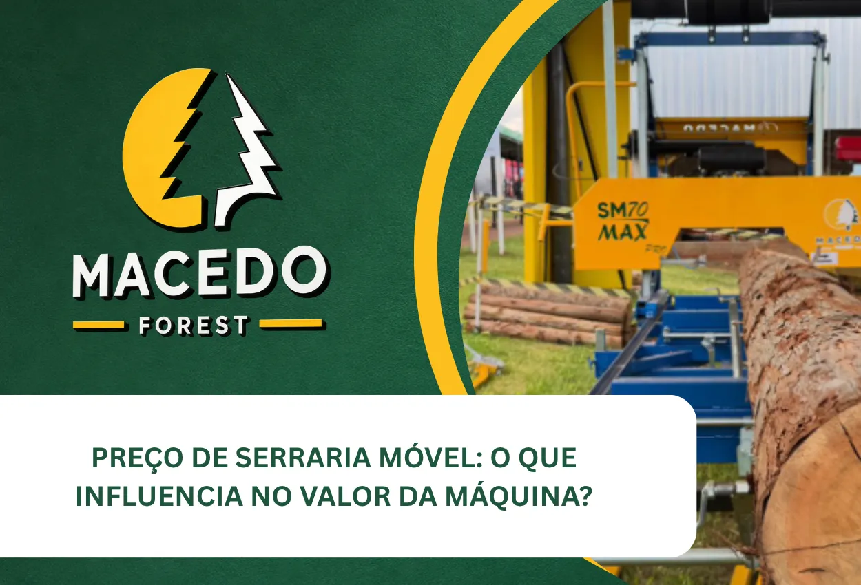 Serraria móvel realizando corte de toras de madeira em operação rural