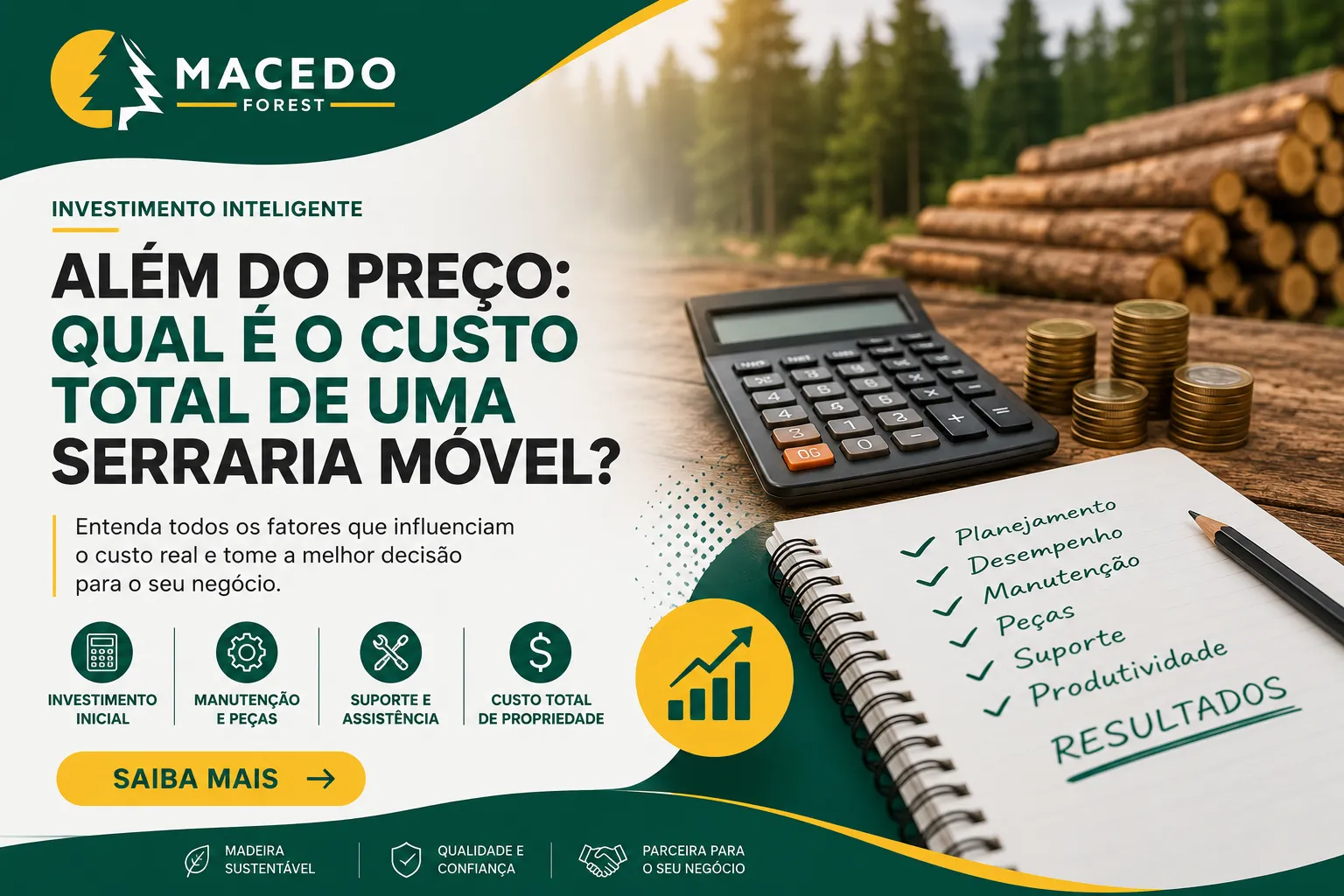 Custo total de uma serraria móvel representado por madeira, planejamento financeiro e análise de investimento