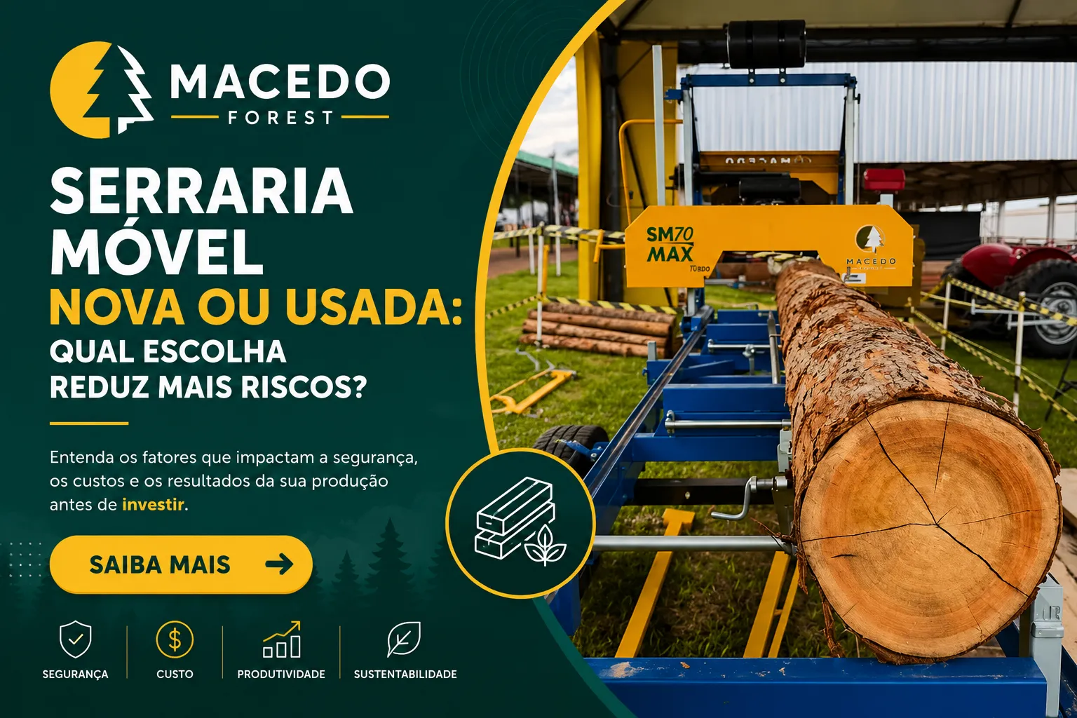Serraria móvel nova ou usada da Macedo Forest com tora posicionada para corte